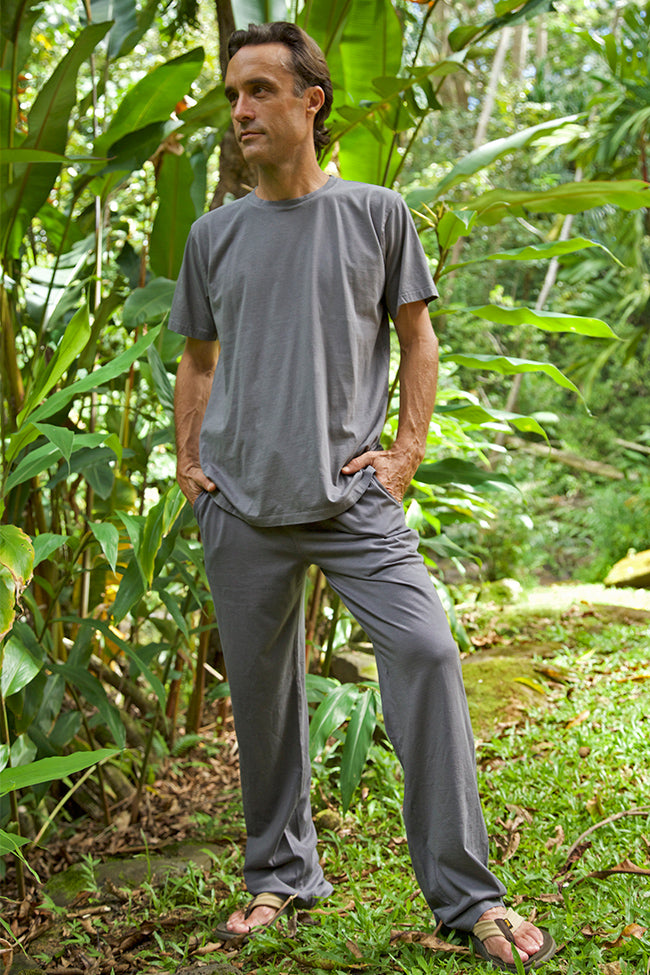 Organic Cotton, pant, drawstring, lounge, loungewear, gray, grey, men, men's, eco-friendly, low impact dye, made in usa, environmentally friendly,