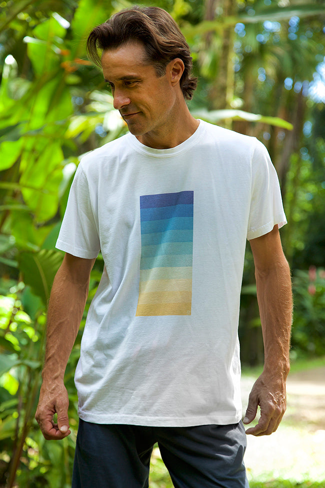 Organic Cotton, tee, tshirt, t-shirt, shortsleeve, short sleeve, s/s, white, men, men's, eco-friendly, low impact dye, made in usa, environmentally friendly, print, horizon, robert siemers, 