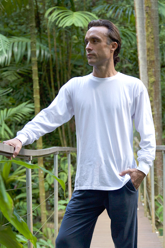 Organic Cotton, tee, t-shirt, t-shirt, long sleeve, longsleeve, l/s, lounge, loungewear, white, men, men's, eco-friendly, low impact dye, made in usa, environmentally friendly,